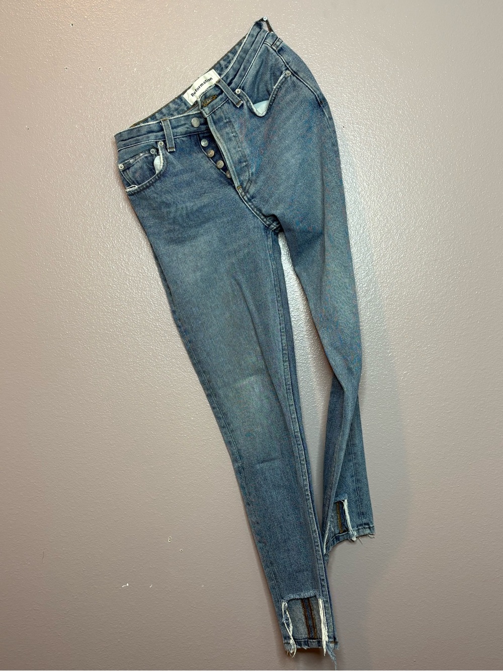 Reformation Skinny Button-Fly Jeans in Medium Blue
